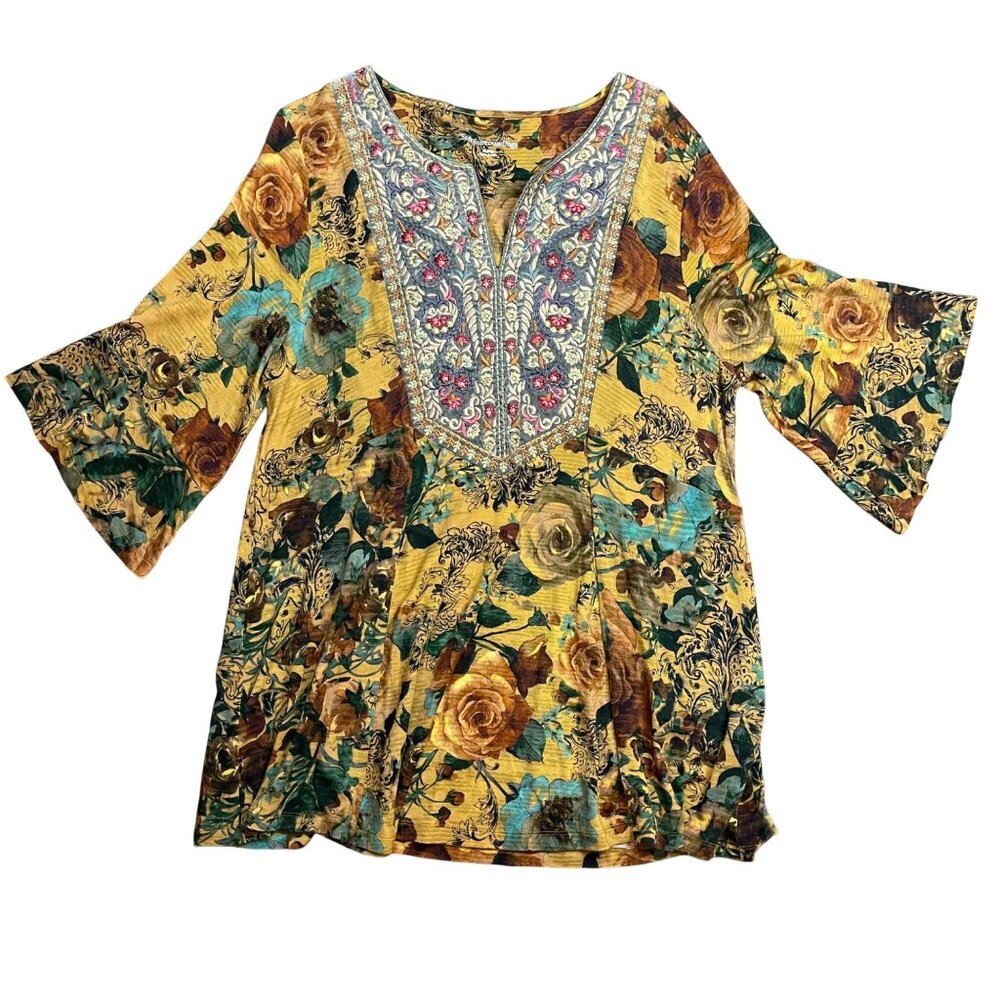 Soft Surroundings Miranda Mixte Tunic Top‎ Women's XL Viscose Embroidered Gold